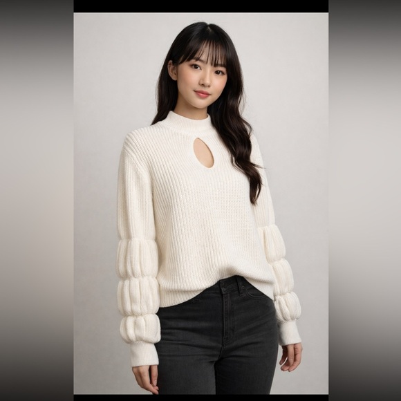 VENUS Sweaters - VENUS Cream Cowl Neck Sweater with Textured Sleeves